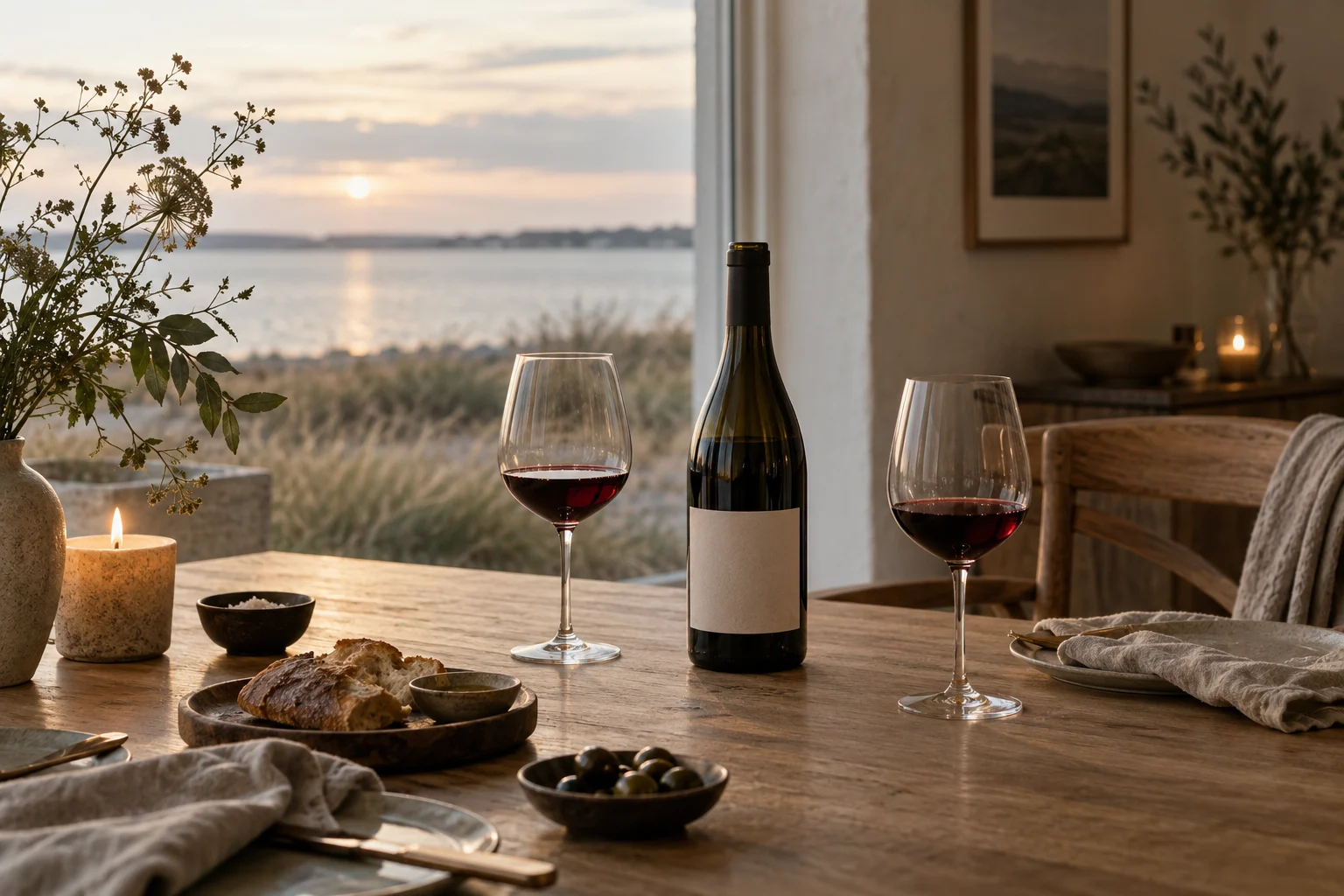 Vin og to glas på et dækket bord ved den danske kyst